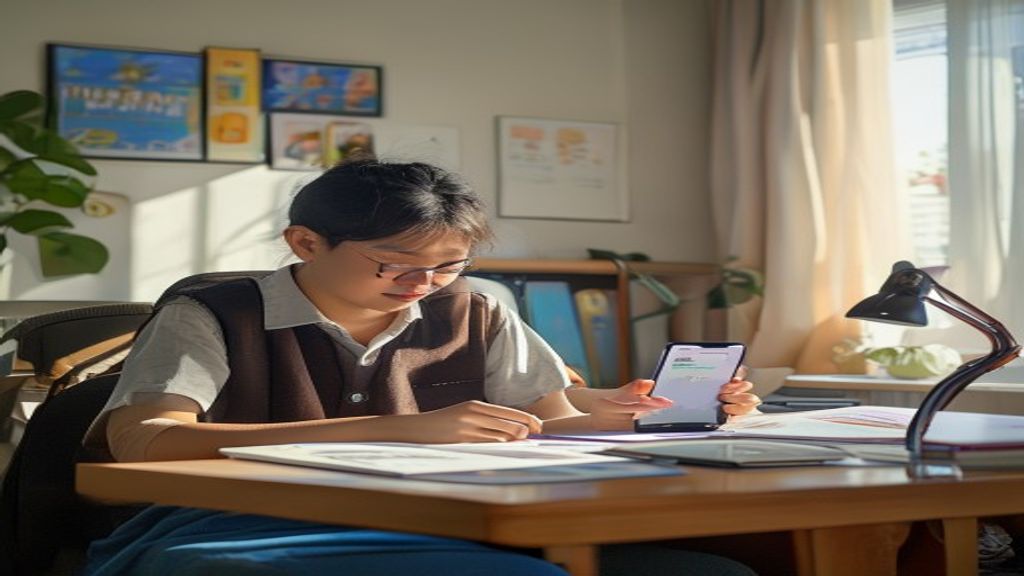 Pelajar menulis rencana menabung dengan kalkulator, celengan, dan buku catatan keuangan