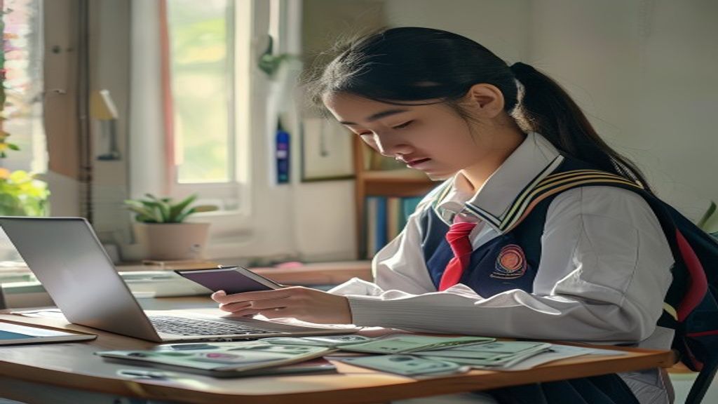 Pelajar menyusun uang di celengan, belajar menabung dengan tips sederhana untuk masa depan.
