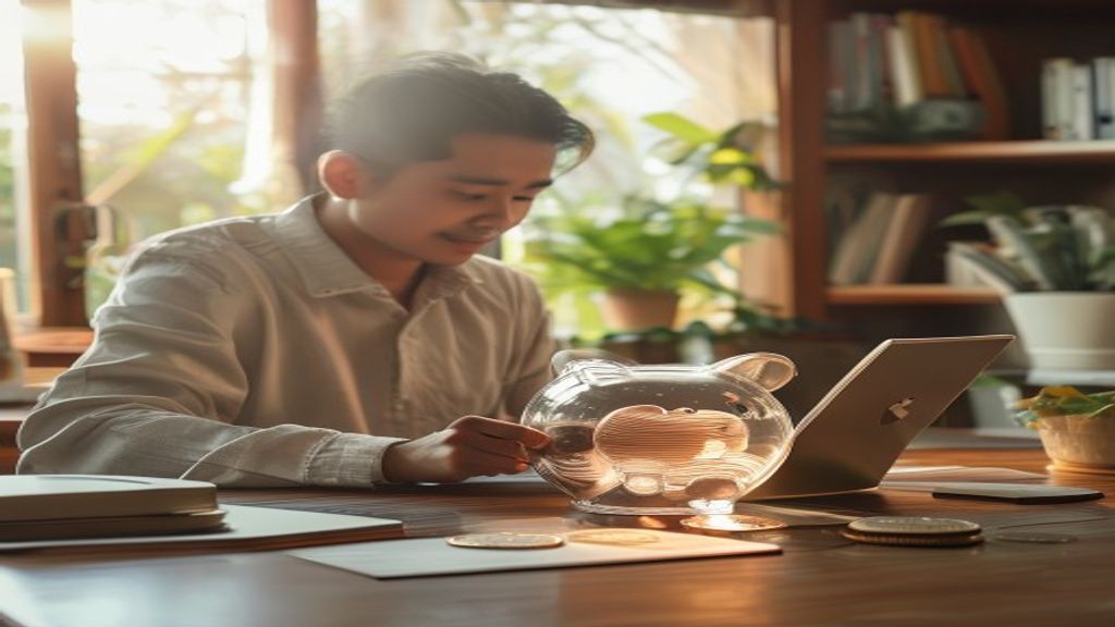 Ilustrasi langkah mudah menabung bagi pemula: menyiapkan target, menyimpan rutin, dan mengelola uang