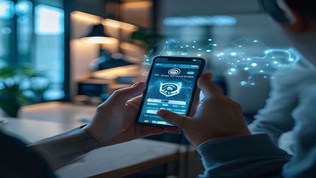 Antarmuka aplikasi keamanan Android menunjukkan pemindai virus, proteksi data, dan kontrol izin.