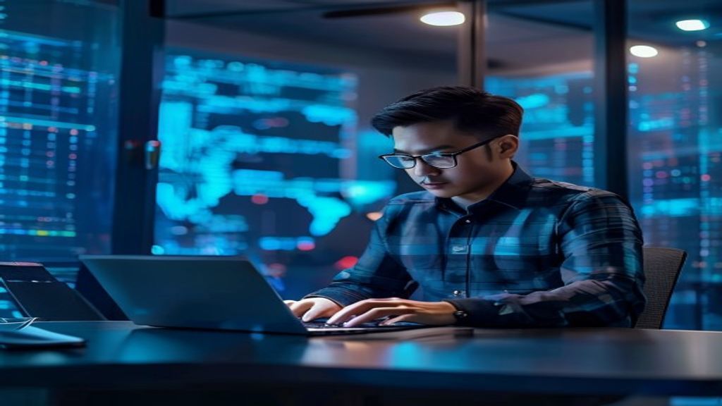 Antarmuka aplikasi keamanan data menampilkan enkripsi, proteksi firewall, dan dashboard pemantauan ancaman.