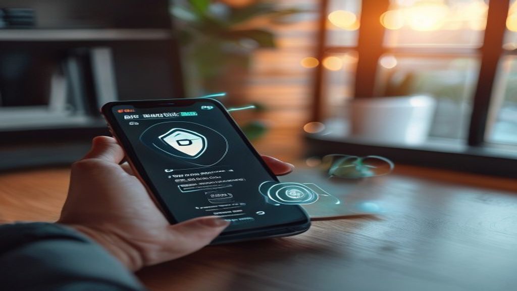 Tampilan antarmuka aplikasi keamanan iPhone menampilkan perlindungan data, pemindai malware, dan kontrol privasi.