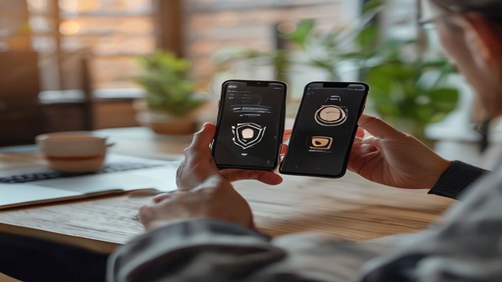 Tampilan antarmuka aplikasi keamanan iPhone menampilkan fitur pemindai malware dan perlindungan data pribadi.
